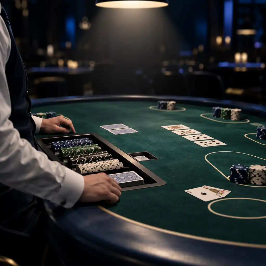 Místo dealera u pokerového stolu s rozdanými kartami
