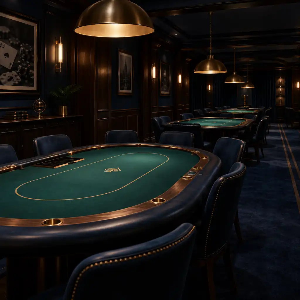 Pohled do pokerového klubu s řadou fyzických stolů, tmavým dřevěným obložením a teplým osvětlením