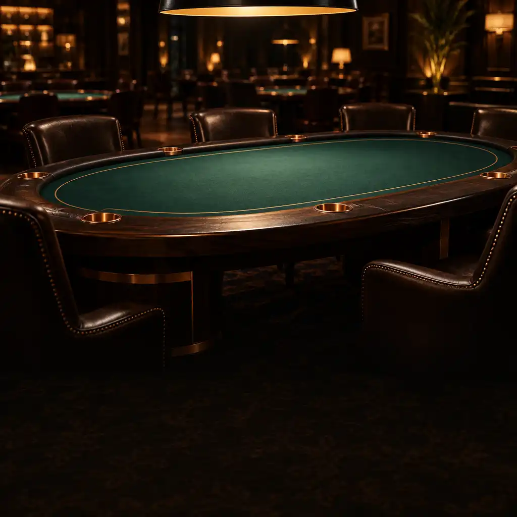 Masivní pokerový stůl s tmavým dřevem a zeleným plátnem v intimně osvětleném klubu