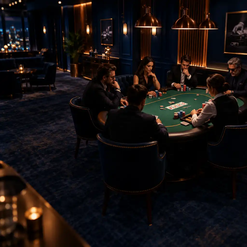 Širokoúhlý pohled na pokerový sál Stul pod Stromy s hráči u stolu v teplém světle