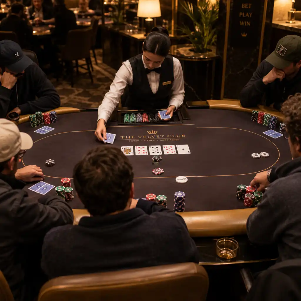 Živá pokerová hra u stolu s hráči a dealerem