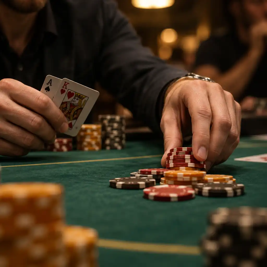 Detail rukou hráčů s kartami a žetony na zeleném plátně pokerového stolu