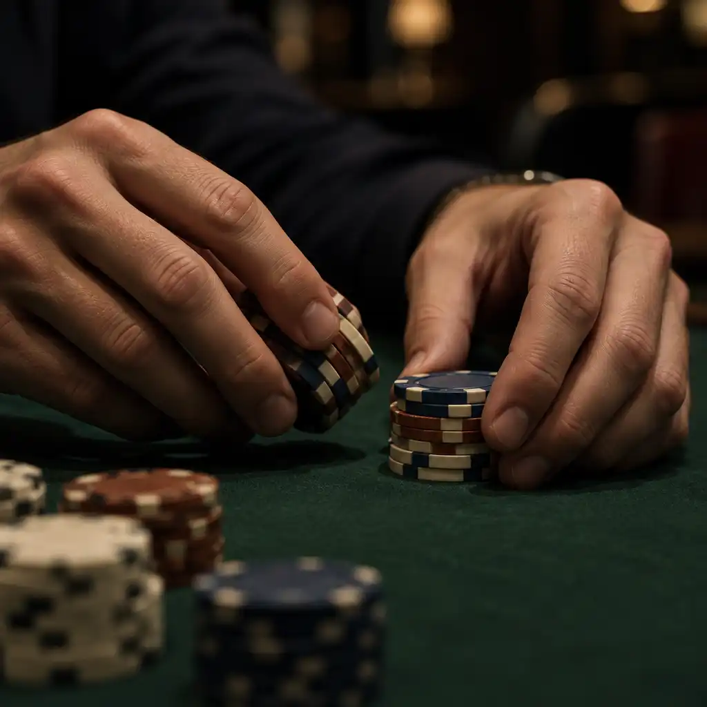 Detailní pohled na ruce hráče míchajícího keramické žetony na zeleném suknem pokerového stolu