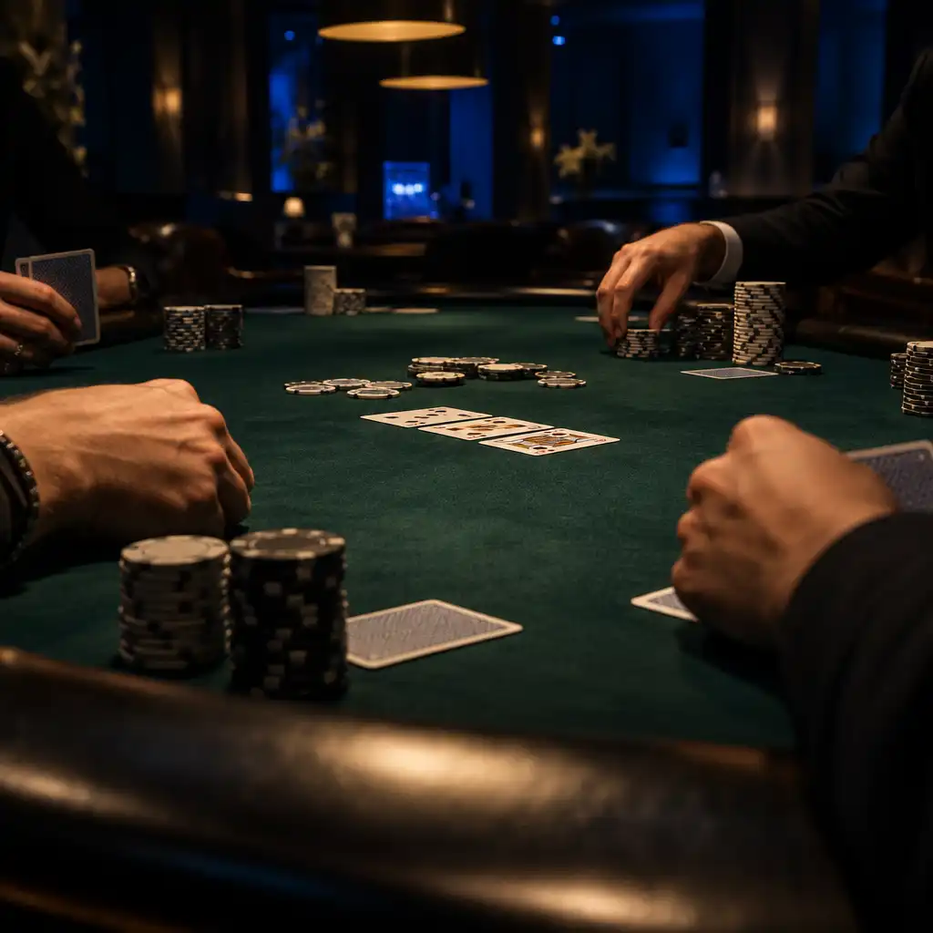 Živý pokerový stůl s rukama hráčů, žetony a kartami v teplém světle nočního klubu