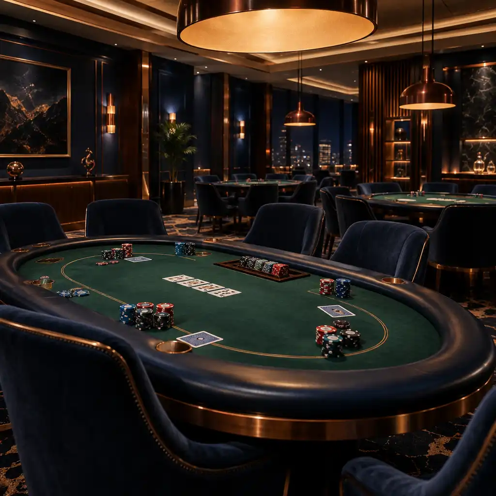 Interiér pokerového sálu Stul pod Stromy s prázdnými stoly a teplým osvětlením