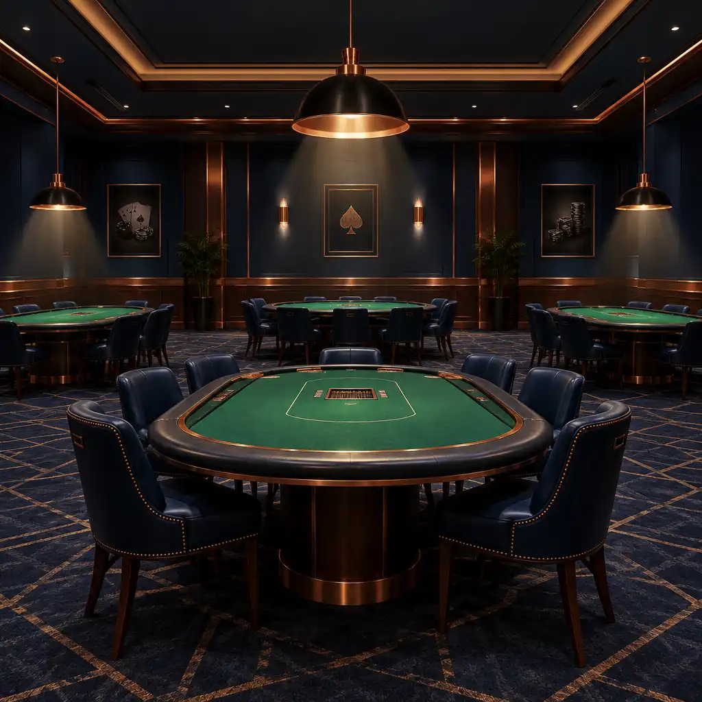 Prázdný pokerový sál s dřevěným obložením, měděnými prvky a teplým světlem závěsných lamp