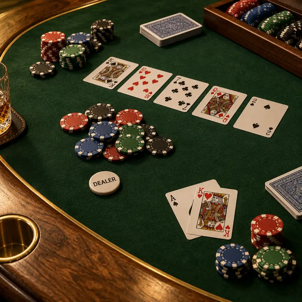 Detail pokerového stolu s texturou dřeva, zeleným plátnem, kartami a žetony