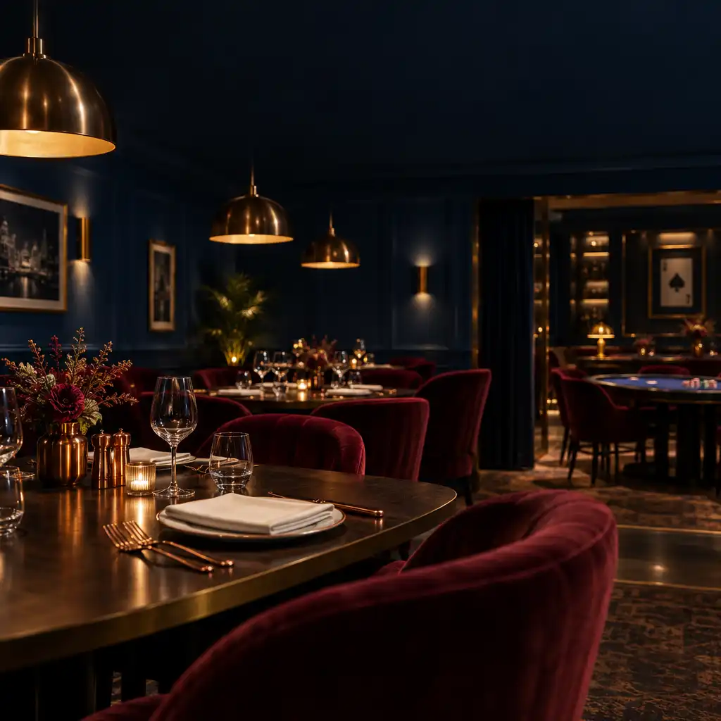 Interiér restaurace pod Stromy s teplým světlem, dřevěnými stoly a měděnými detaily