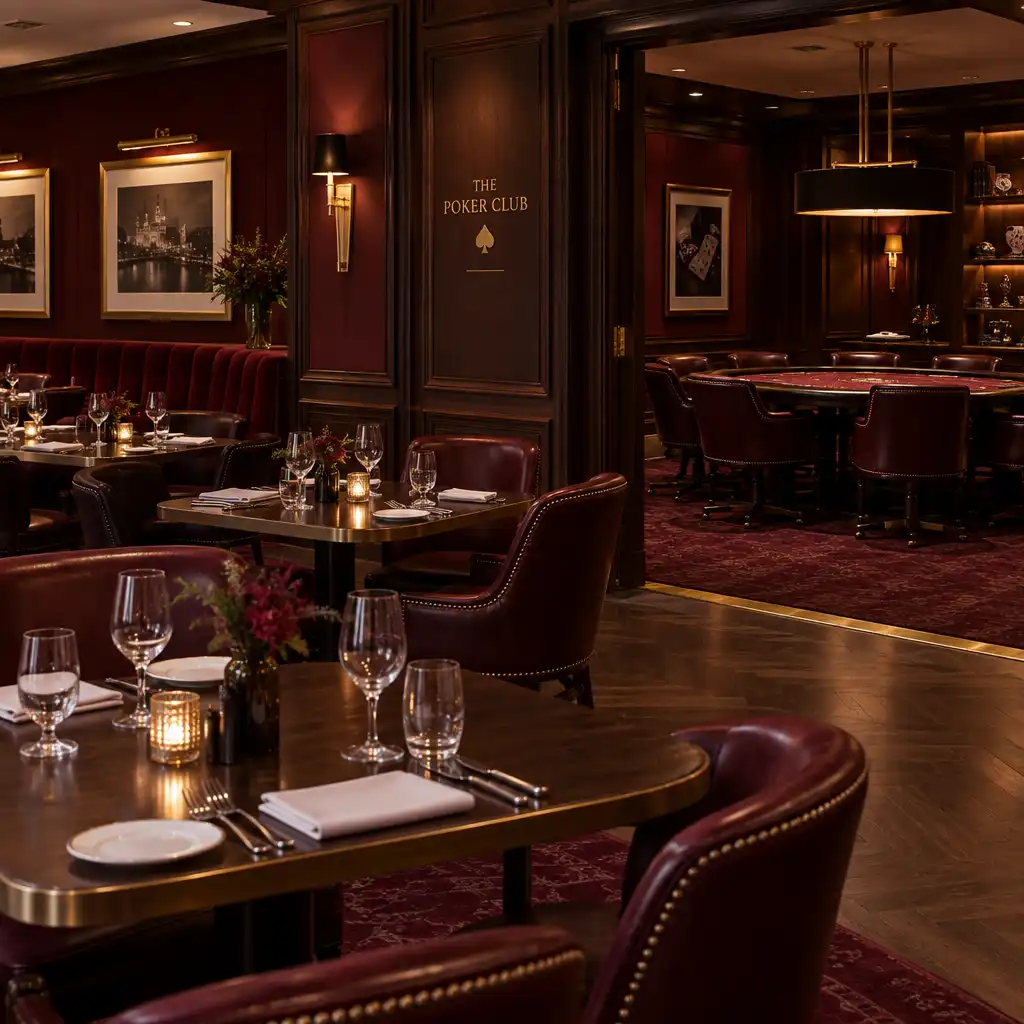Interiér restaurace s burgundy akcenty, prostřeným stolem a sklenicemi vína v teplém světle