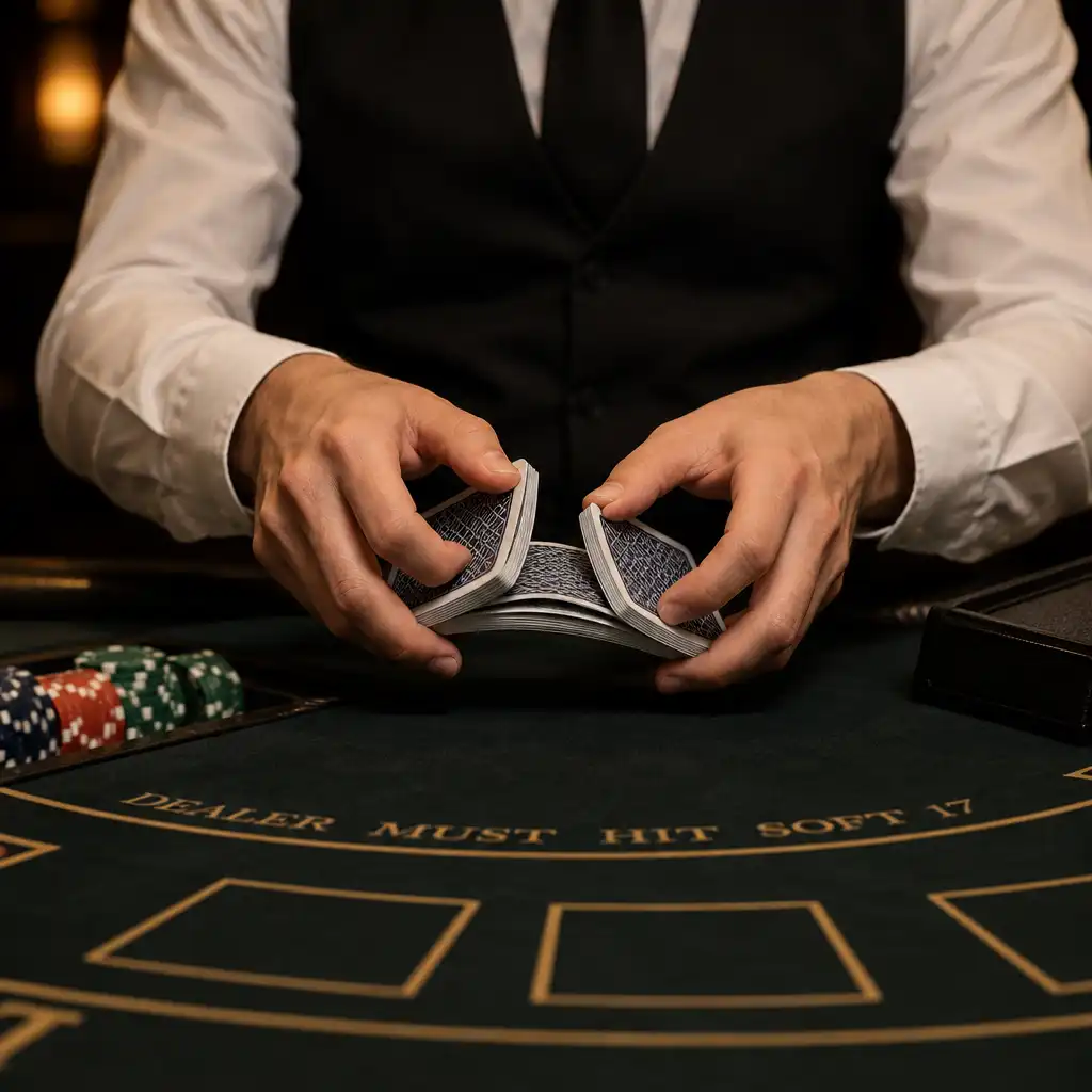 Profesionální dealer při práci u pokerového stolu