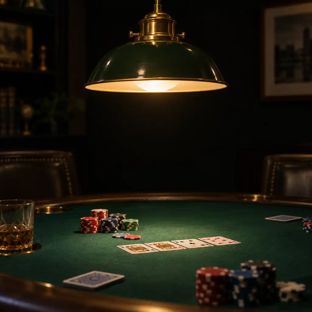 Závěsná lampa osvětlující pokerový stůl teplým světlem