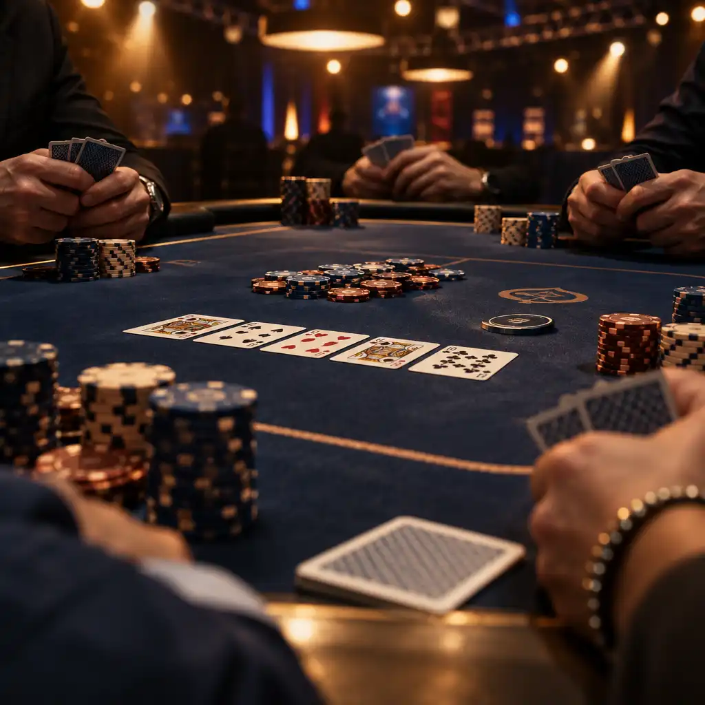Turnajový pokerový stůl s hráči a žetony