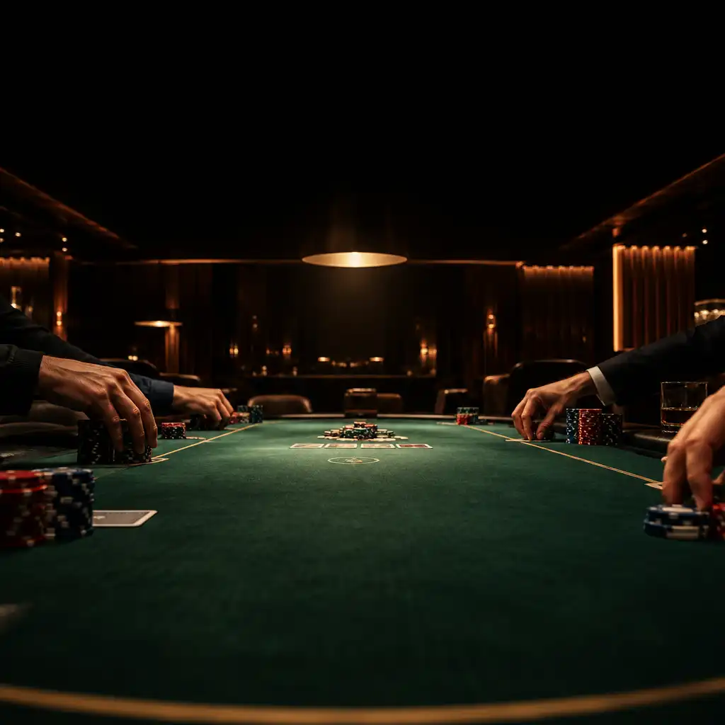Atmosféra pokerového turnaje s hráči soustředěnými u zeleného stolu