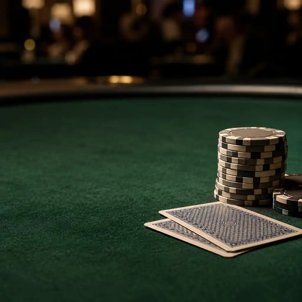 Detail pokerového stolu s žetony a kartami během turnaje