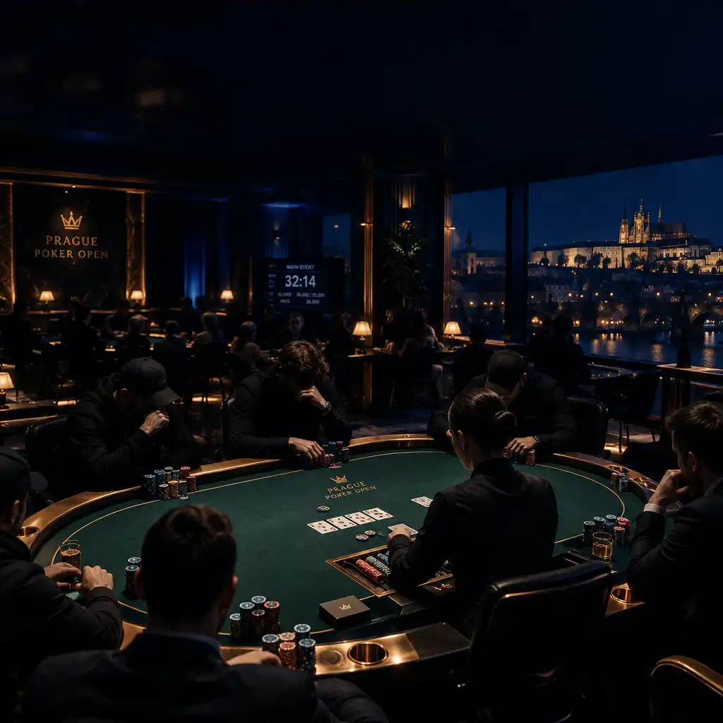 Živý pokerový turnaj u fyzického stolu v pražském poker roomu